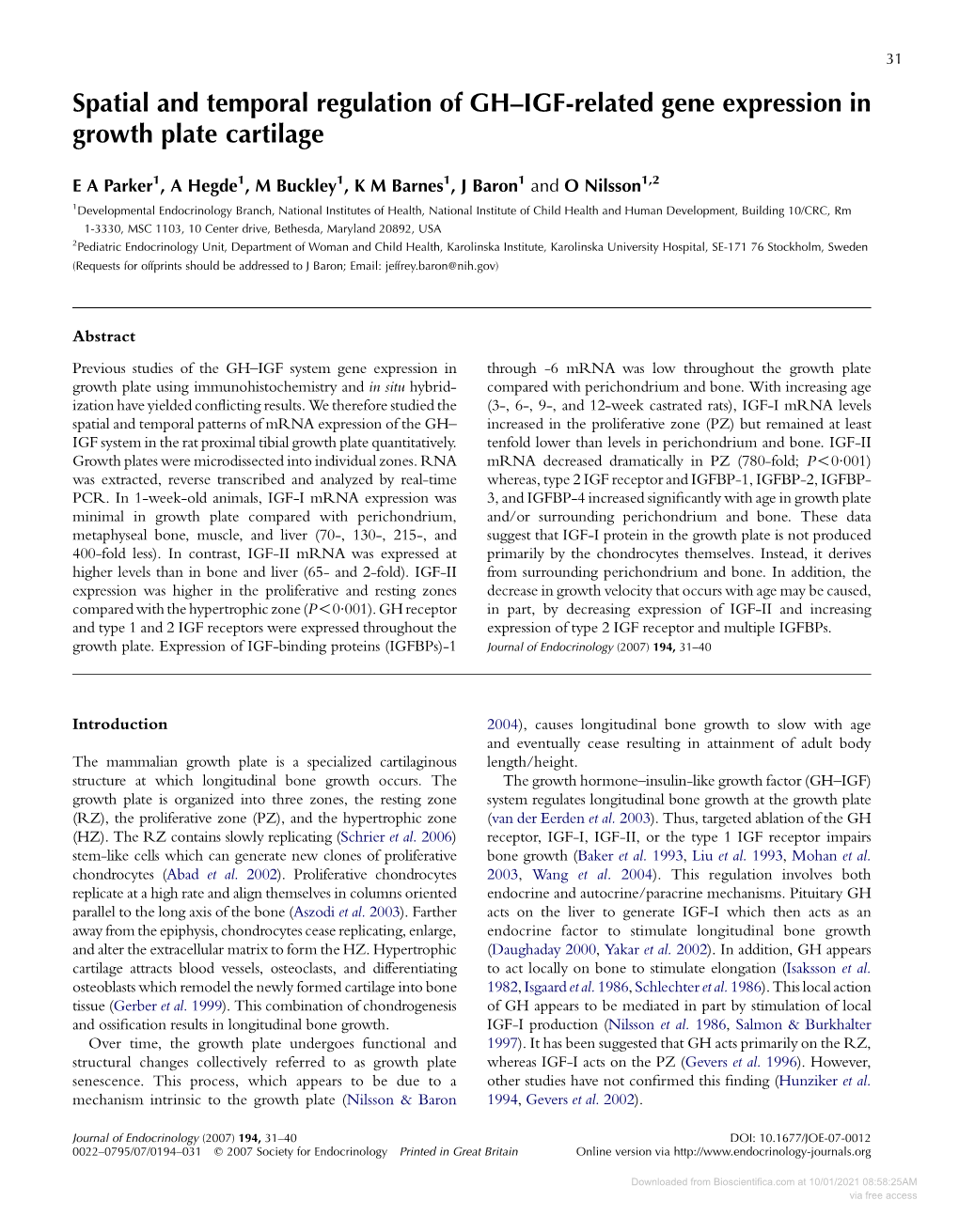 Spatial and Temporal Regulation of GH–IGF-Related Gene Expression in Growth Plate Cartilage