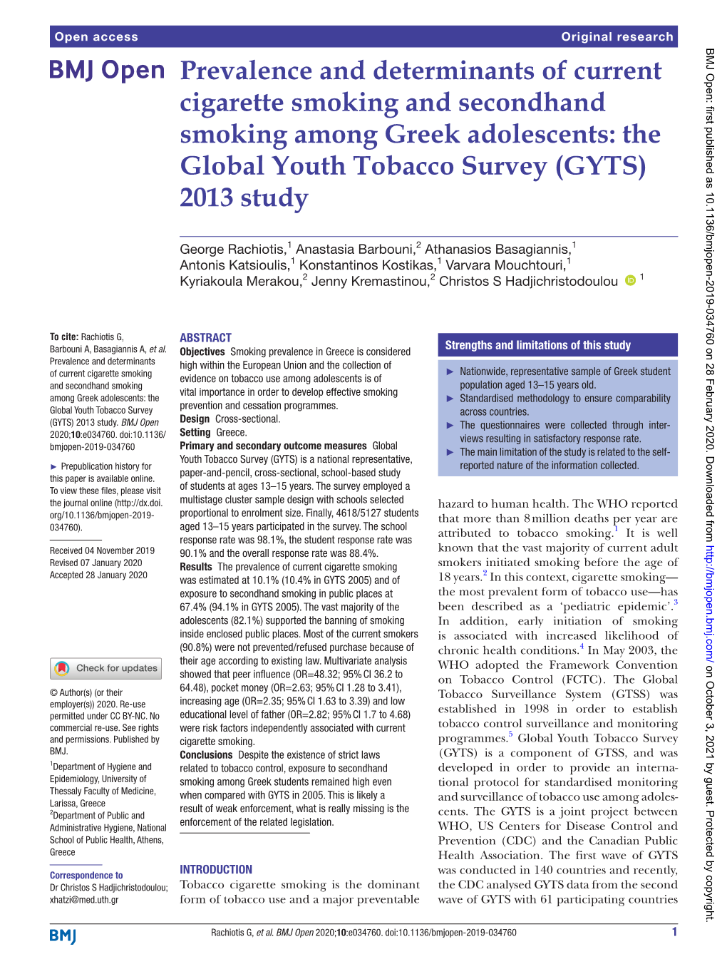 Prevalence and Determinants of Current Cigarette Smoking and Secondhand Smoking Among Greek Adolescents: the Global Youth Tobacco Survey (GYTS) 2013 Study