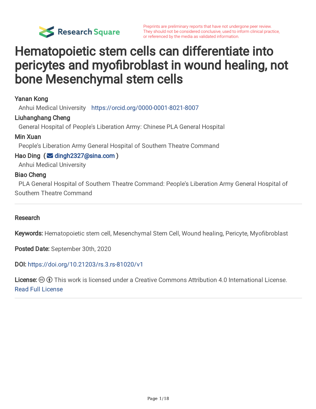 Hematopoietic Stem Cells Can Differentiate Into Pericytes and Myofbroblast in Wound Healing, Not Bone Mesenchymal Stem Cells