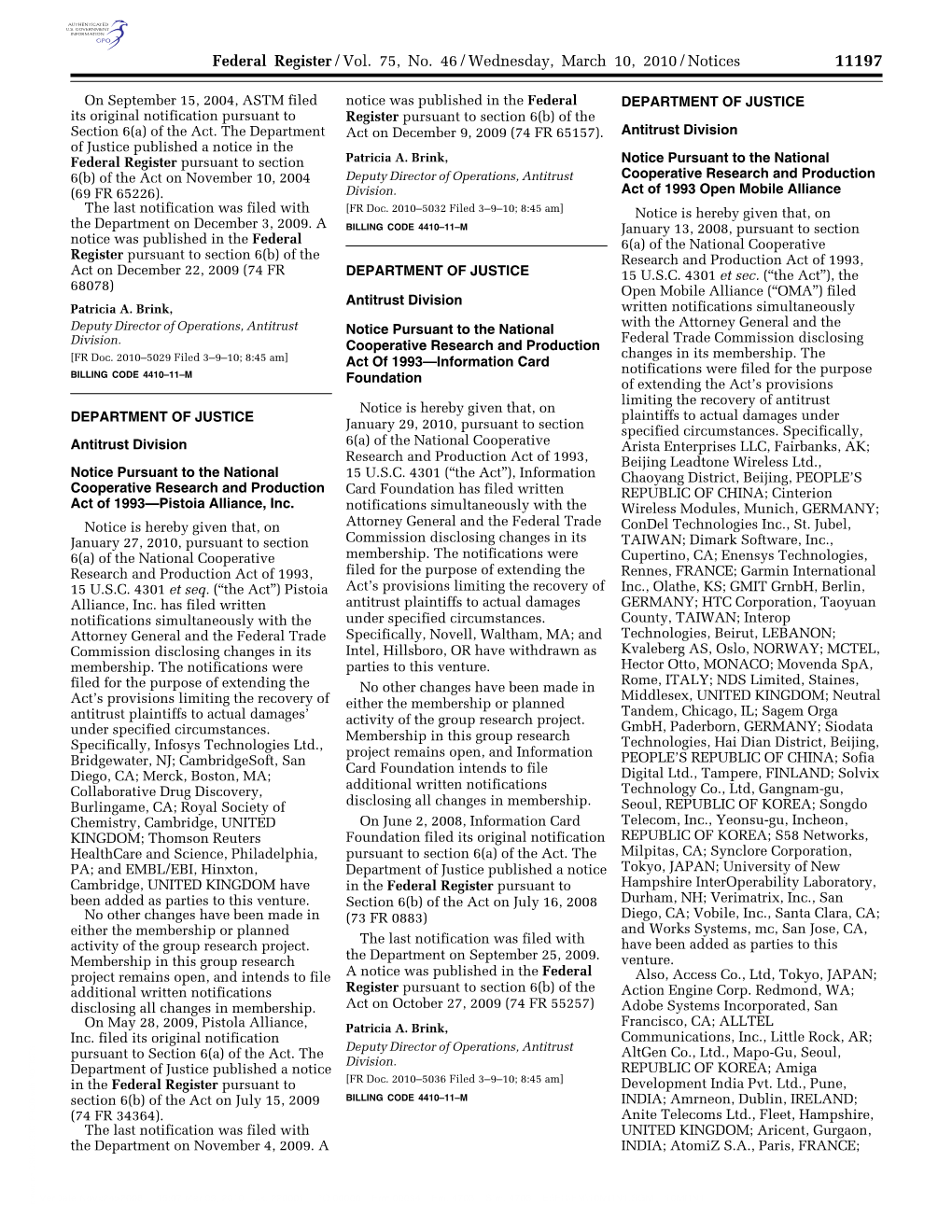 Federal Register/Vol. 75, No. 46/Wednesday, March 10, 2010