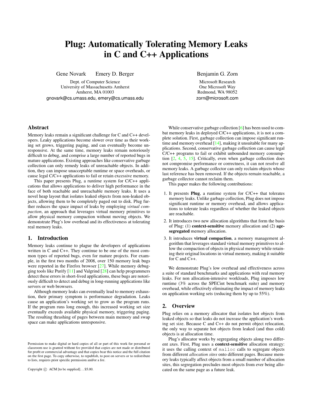 Plug: Automatically Tolerating Memory Leaks in C and C++ Applications