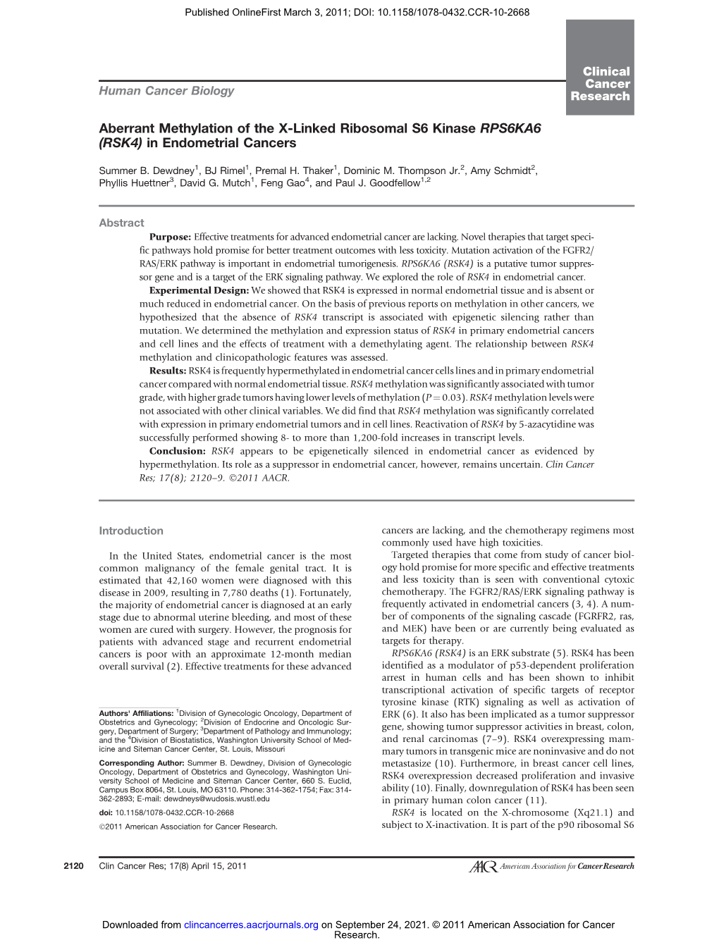 Aberrant Methylation of the X-Linked Ribosomal S6 Kinase RPS6KA6 (RSK4) in Endometrial Cancers