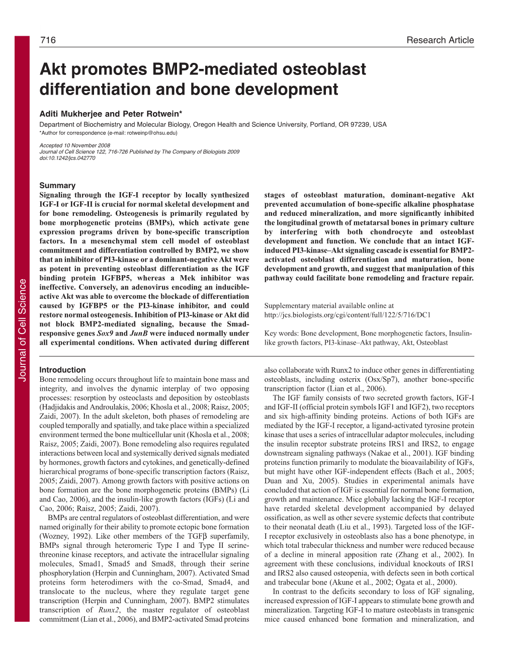 Akt Promotes BMP2-Mediated Osteoblast Differentiation and Bone Development