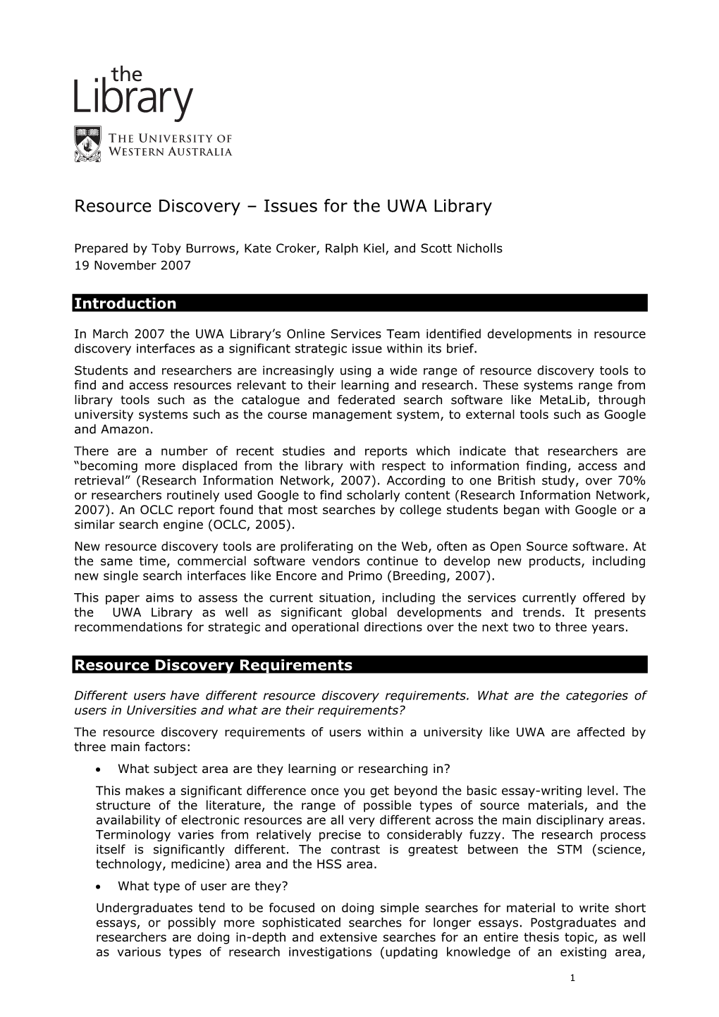 Resource Discovery – Issues for the UWA Library