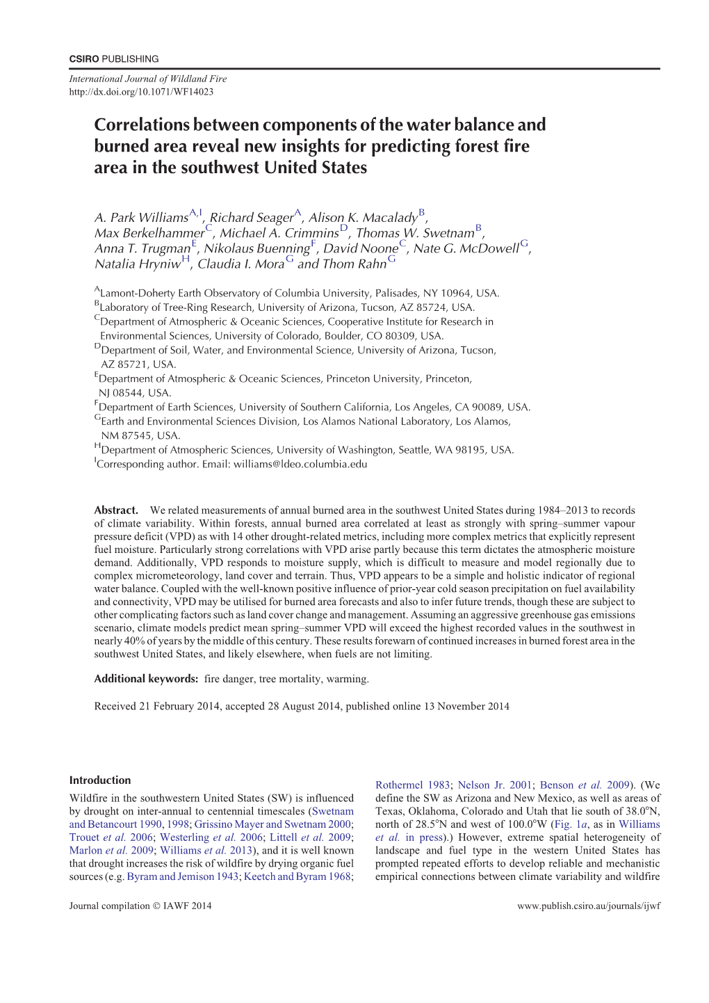 Correlations Between Components of the Water Balance and Burned Area Reveal New Insights for Predicting Forest Fire Area in the Southwest United States