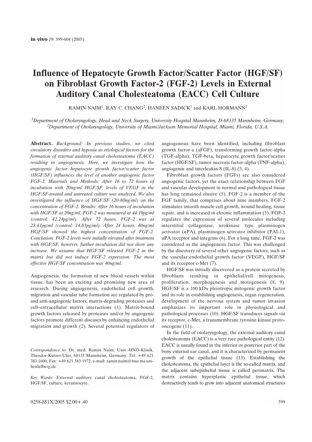 (HGF/SF) on Fibroblast Growth Factor-2 (FGF-2) Levels in External Auditory Canal Cholesteatoma (EACC) Cell Culture