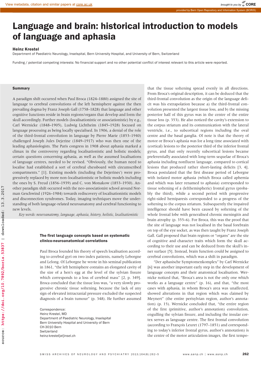 Historical Introduction to Models of Language and Aphasia