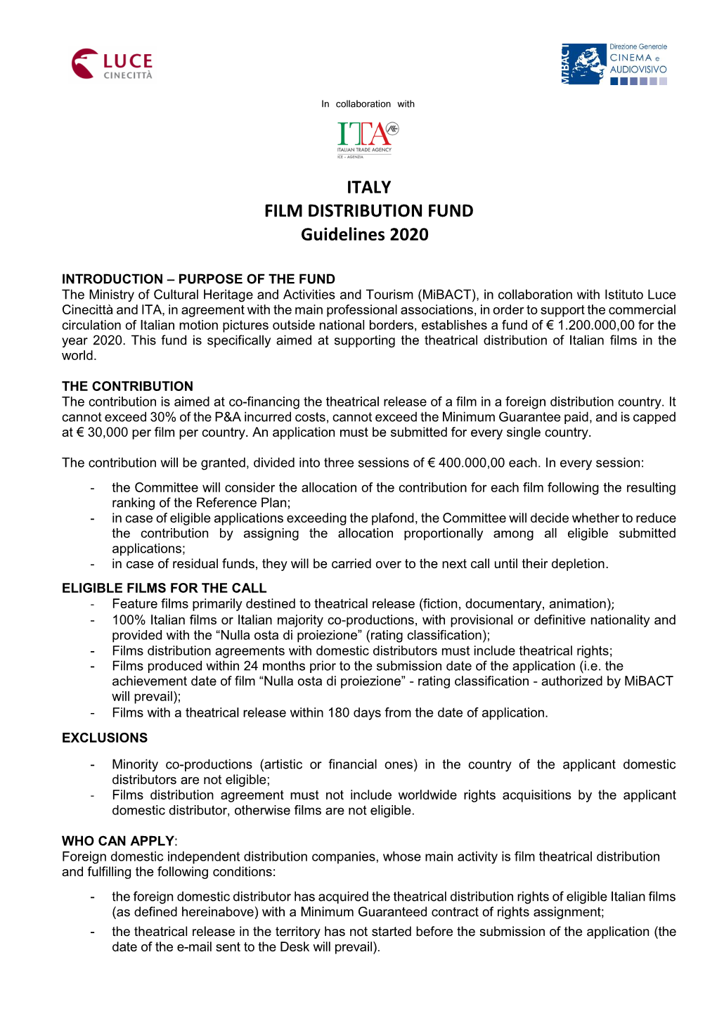 ITALY FILM DISTRIBUTION FUND Guidelines 2020