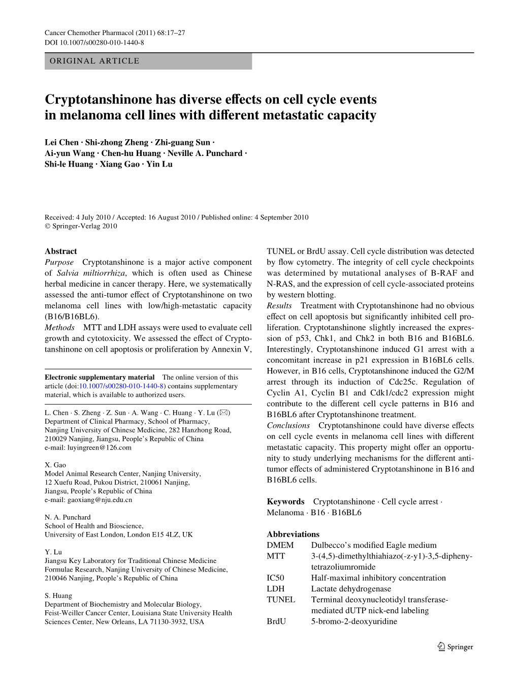 Cryptotanshinone Has Diverse Evects on Cell Cycle Events in Melanoma Cell Lines with Diverent Metastatic Capacity