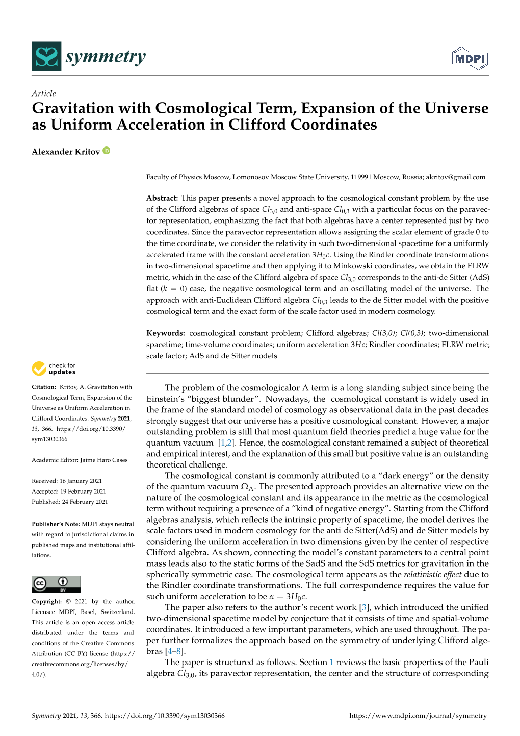 Gravitation with Cosmological Term, Expansion of the Universe As Uniform Acceleration in Clifford Coordinates