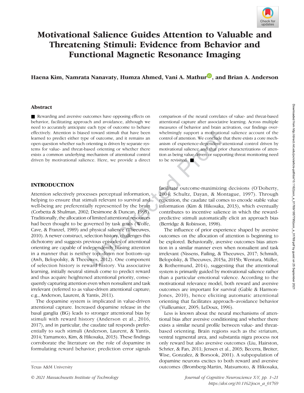 Motivational Salience Guides Attention to Valuable and Threatening Stimuli: Evidence from Behavior and Functional Magnetic Resonance Imaging