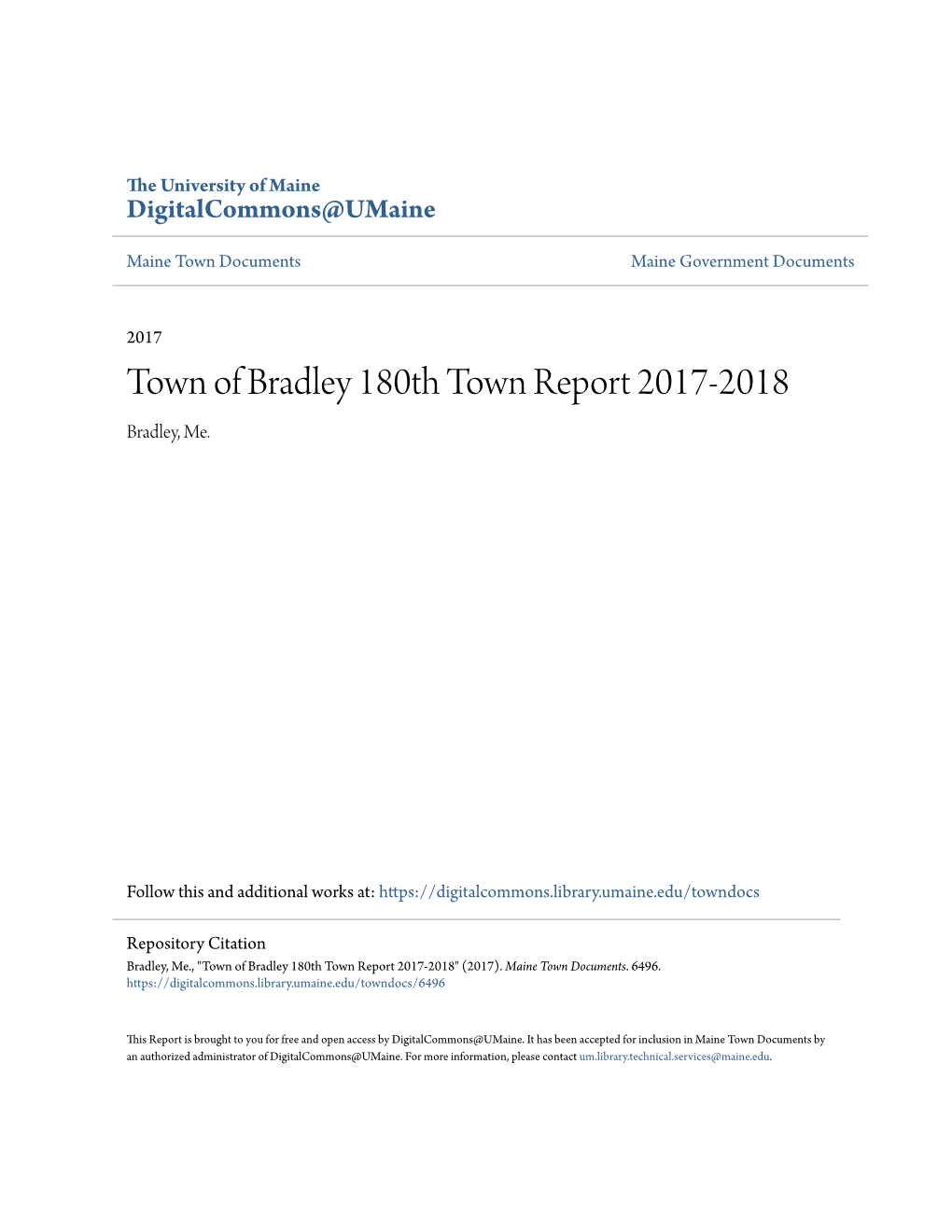 Town of Bradley 180Th Town Report 2017-2018 Bradley, Me