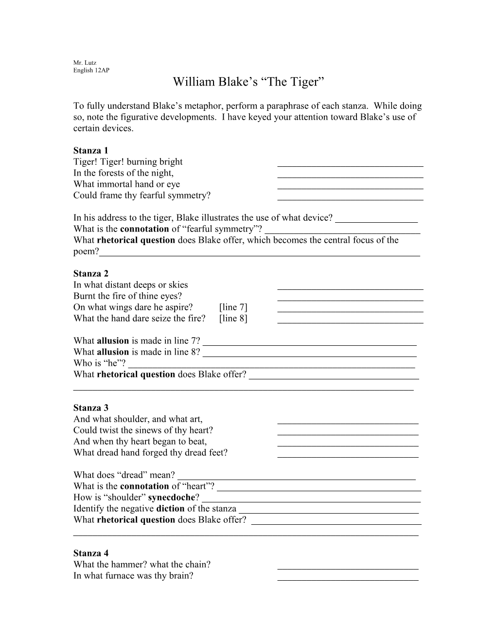 William Blake S the Tiger