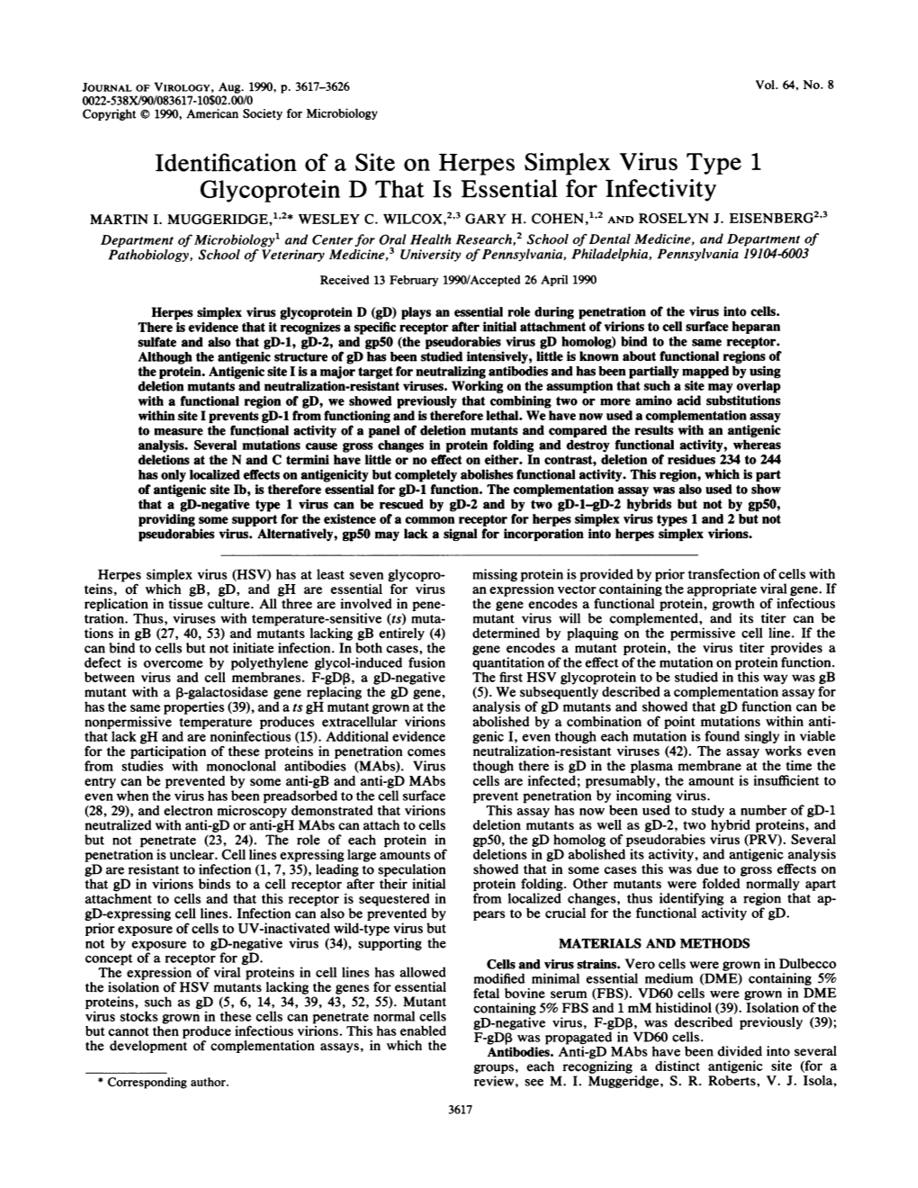 Identification of a Site on Herpes Simplex Virus Type 1 Glycoprotein D That Is Essential for Infectivity MARTIN I