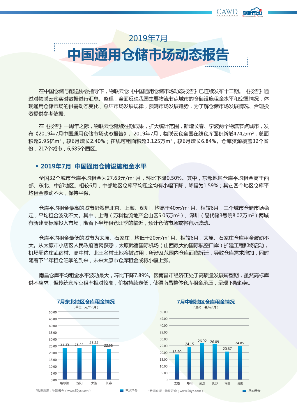 2019年7月中国通用仓储市场动态报告》。2019年7月，物联云仓全国在线仓库面积新增474万m2，总面 积超2.95亿m2，较6月增长2.40%；在线可租面积超3,125万m2，较6月增长6.84%。仓库资源覆盖32个省 份，217个城市，6,685个园区。