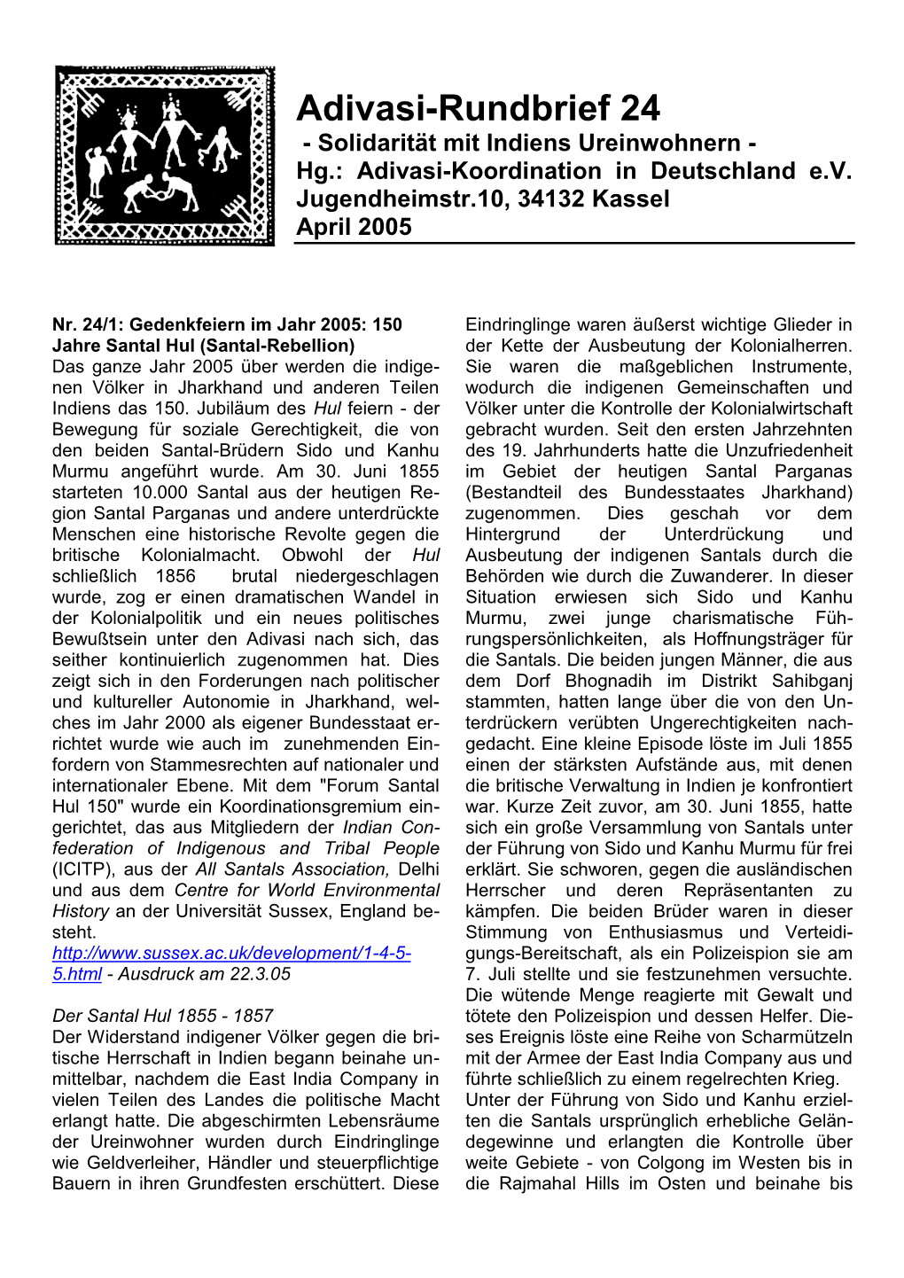 Adivasi-Rundbrief 24 - Solidarität Mit Indiens Ureinwohnern - Hg.: Adivasi-Koordination in Deutschland E.V