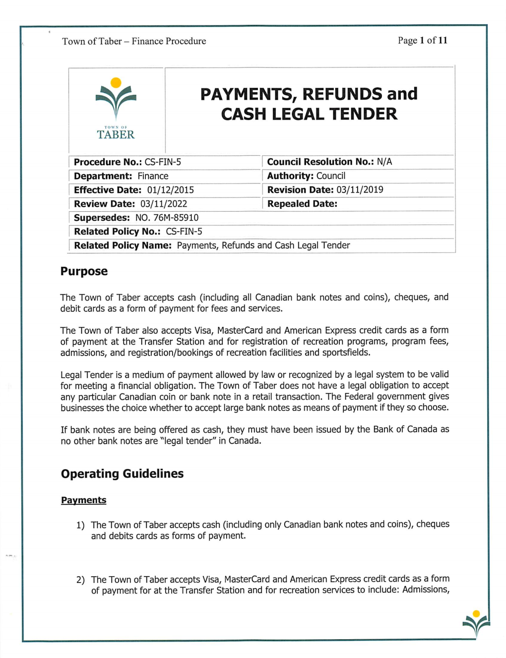 PAYMENTS, REFUNDS and CASH LEGAL TENDER