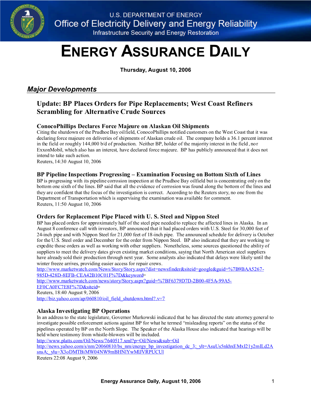 Energy Assurance Daily, August 10, 2006