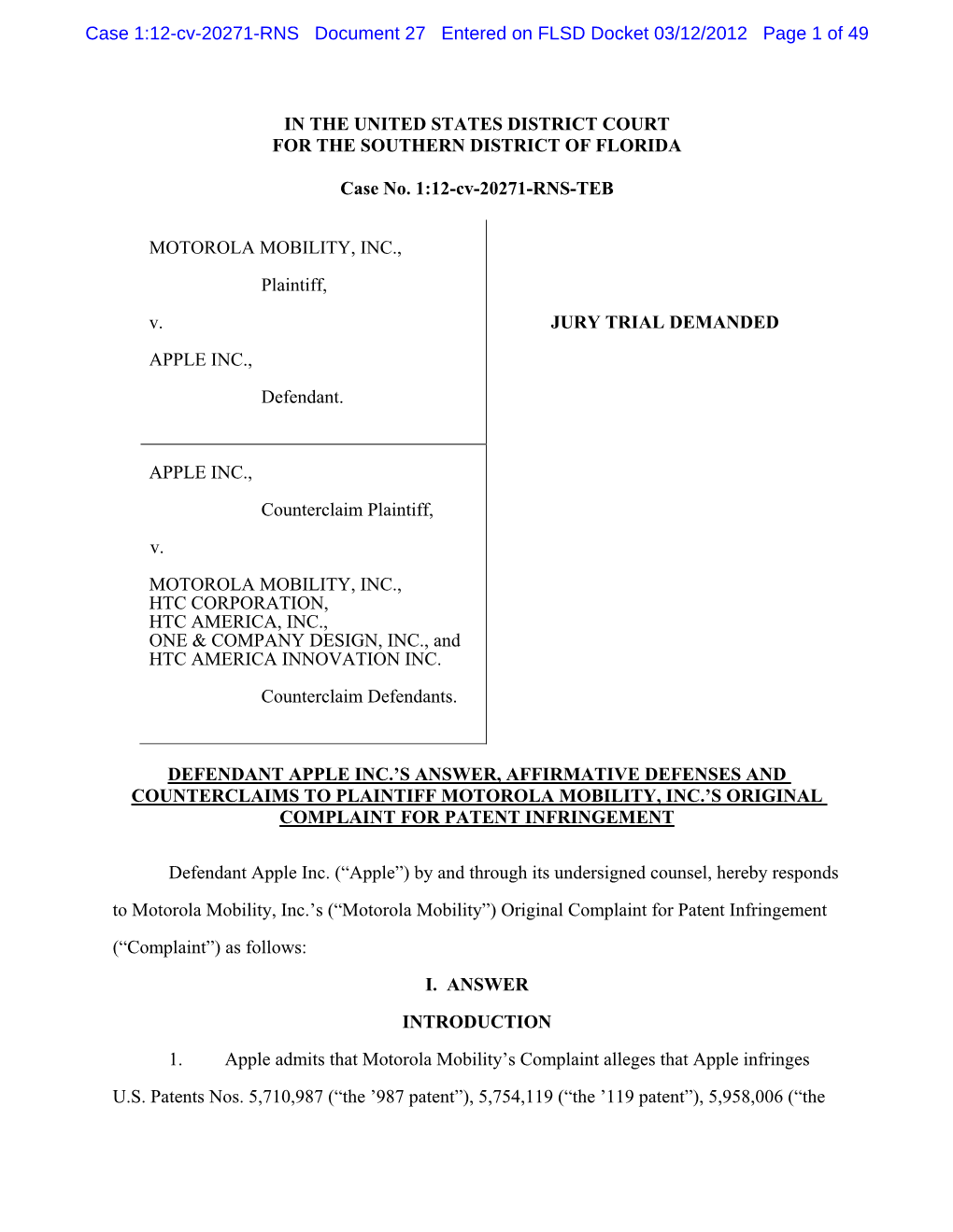 Case 1:12-Cv-20271-RNS Document 27 Entered on FLSD Docket 03/12/2012 Page 1 of 49