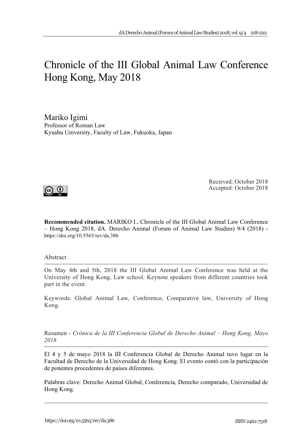 Chronicle of the III Global Animal Law Conference Hong Kong, May 2018