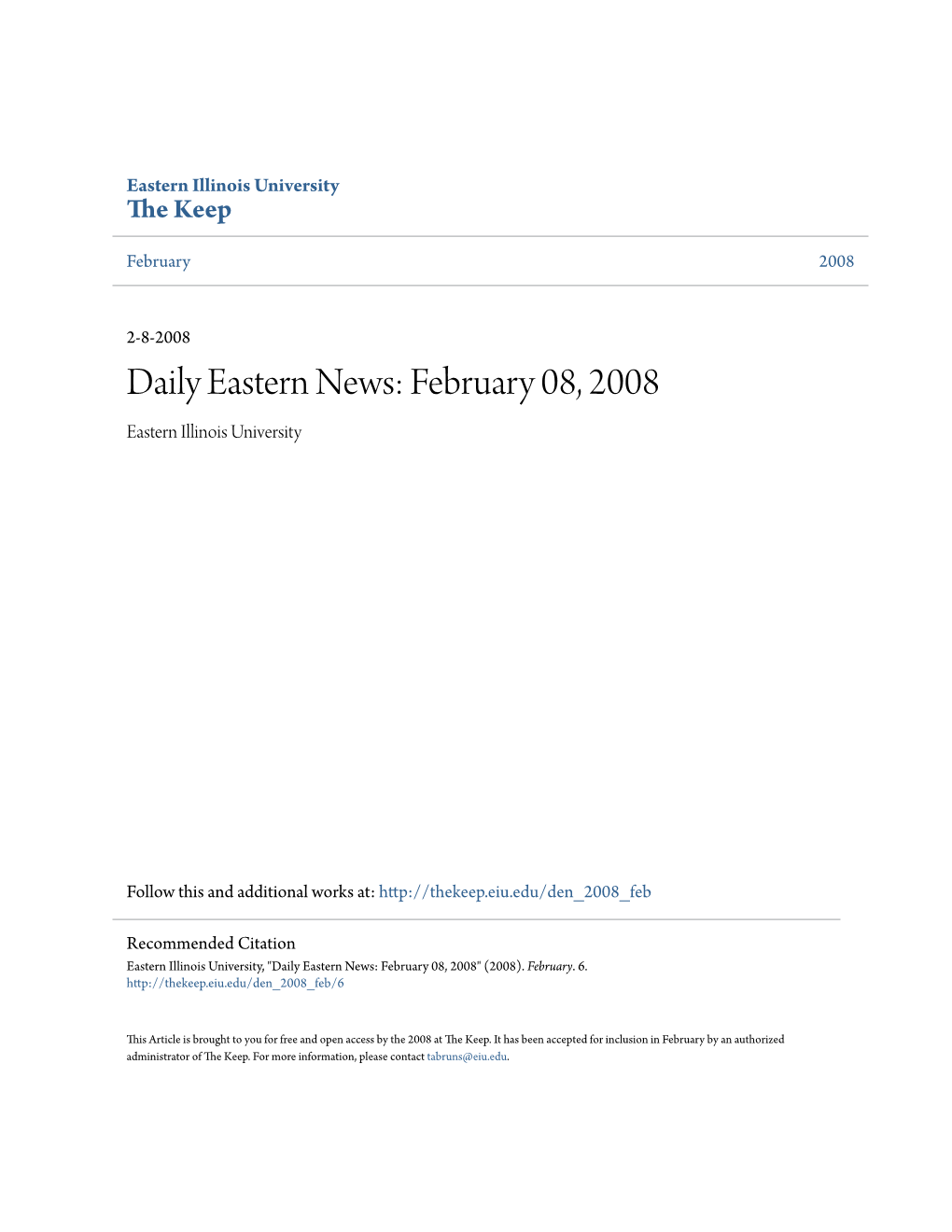 The DAILY EASTERN NEWS EASTERN ILLINOIS UNIVERSITY, CHARLESTON Friday | 2.8.08 VOL