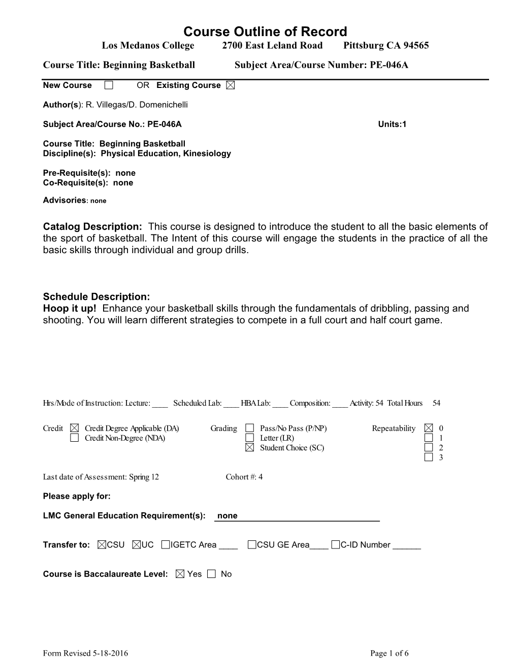 Course Outline of Record Los Medanos College 2700 East Leland Road Pittsburg CA 94565