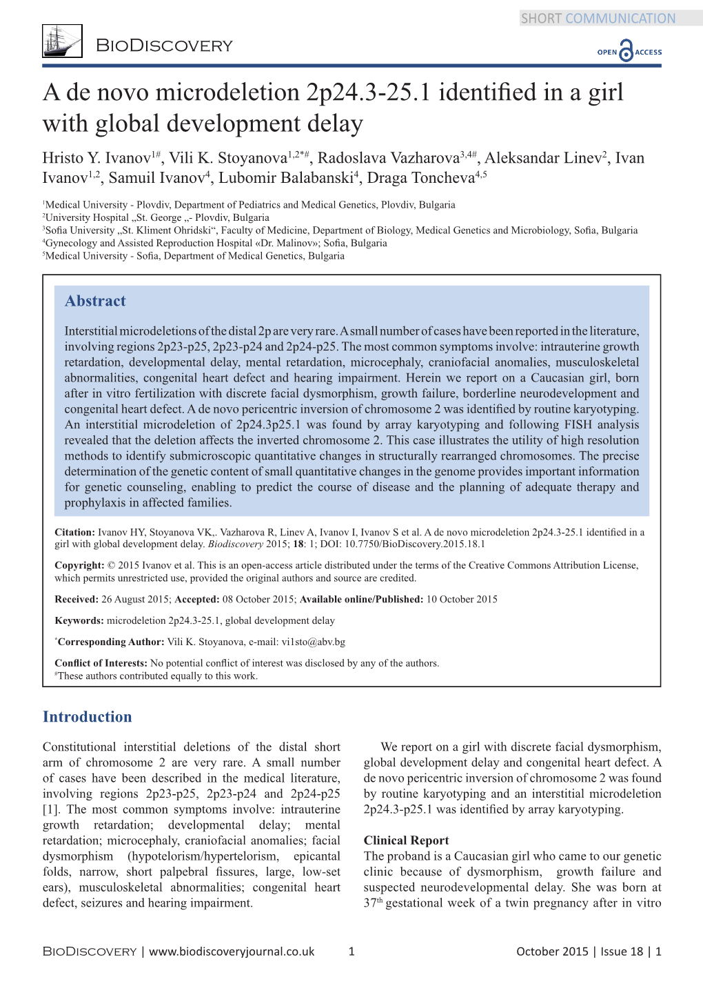 A De Novo Microdeletion 2P24.3-25.1 Identified in a Girl with Global Development Delay Hristo Y