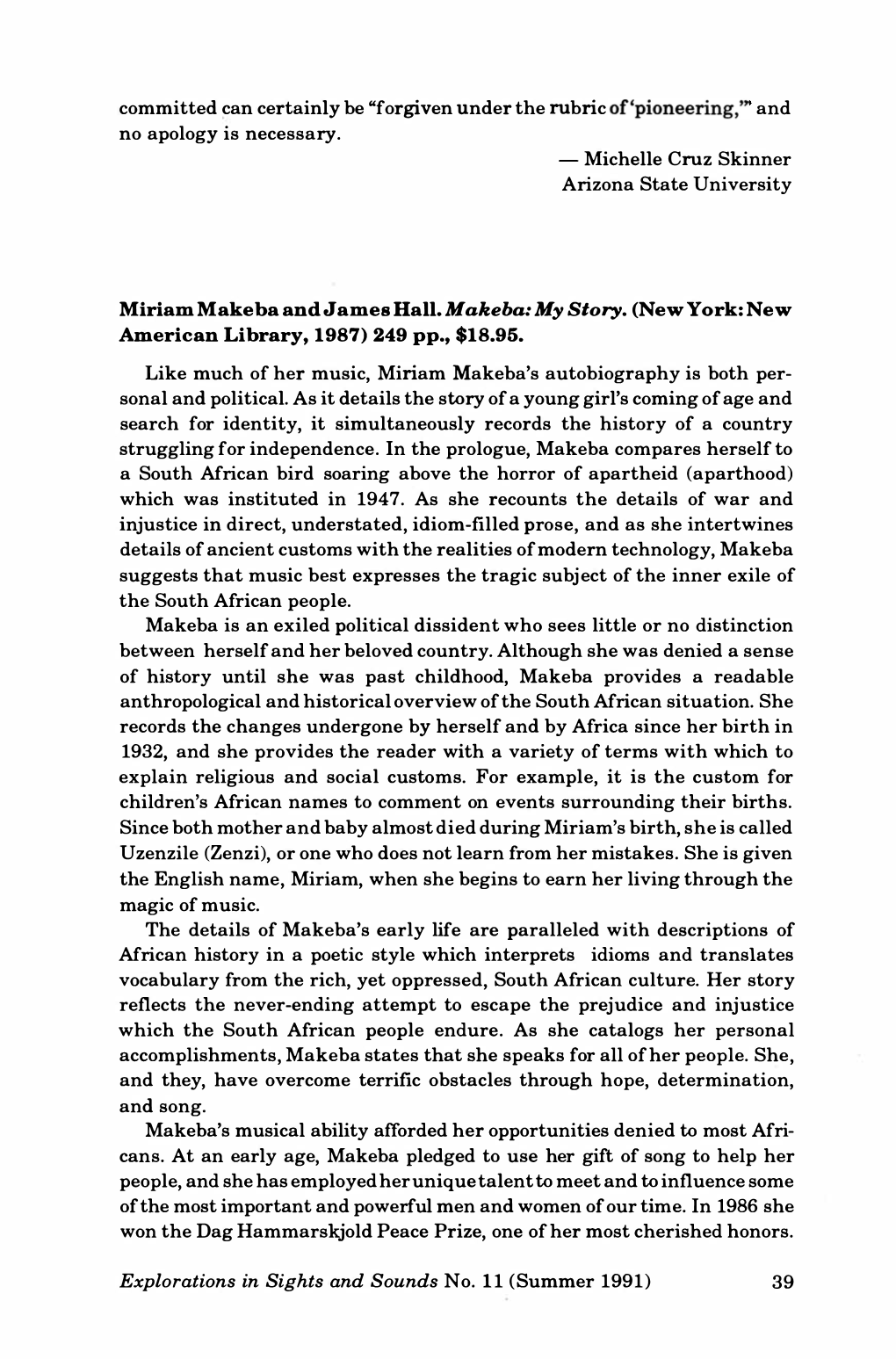 [Review Of] Miriam Makeba and James Hall. Makeba: My Story