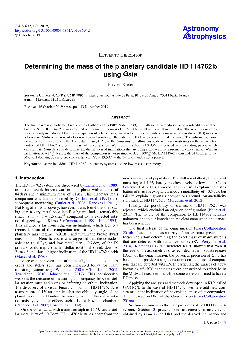 Determining the Mass of the Planetary Candidate HD 114762 B Using Gaia Flavien Kiefer