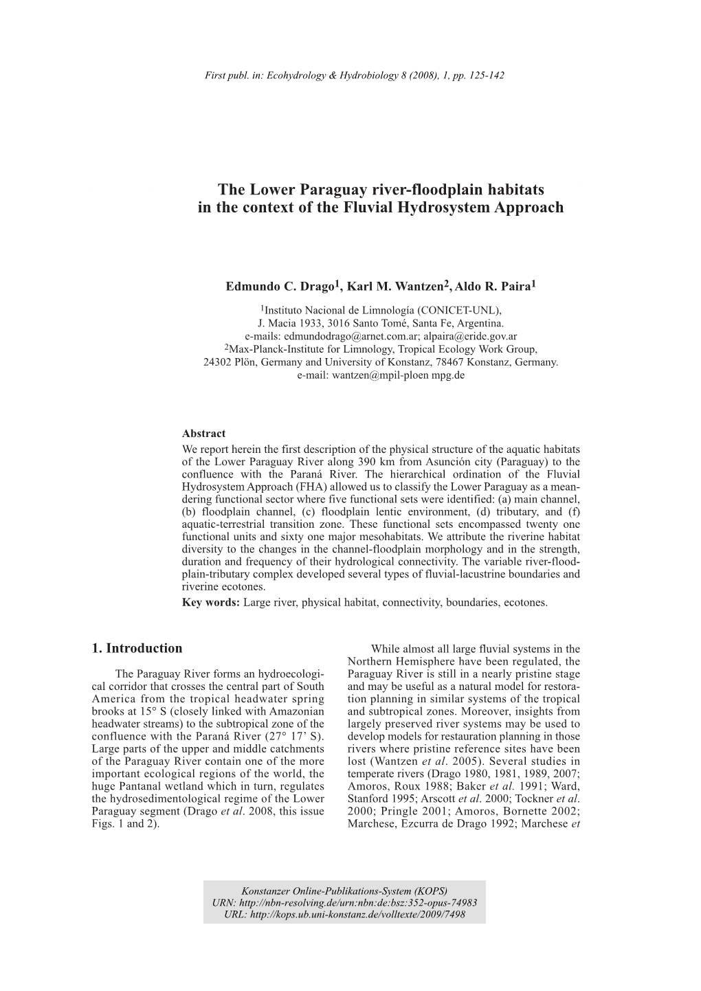 The Lower Paraguay River-Floodplain Habitats in the Context of the Fluvial Hydrosystem Approach