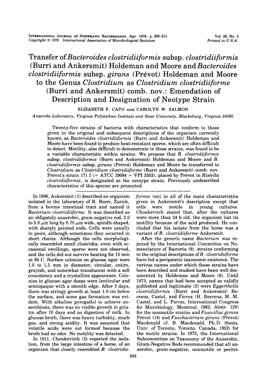 Transfer of Bacteroides Clostridiiformis Subsp. Clostridiiformis to the Genus