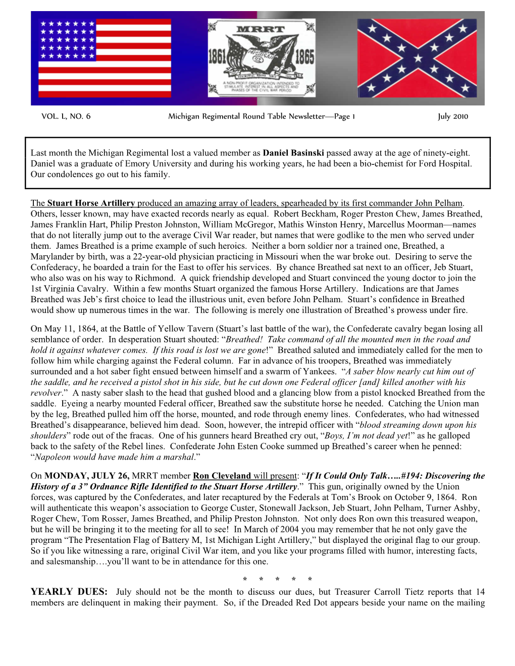 VOL. L, NO. 6 Michigan Regimental Round Table Newsletter—Page 1 July 2010