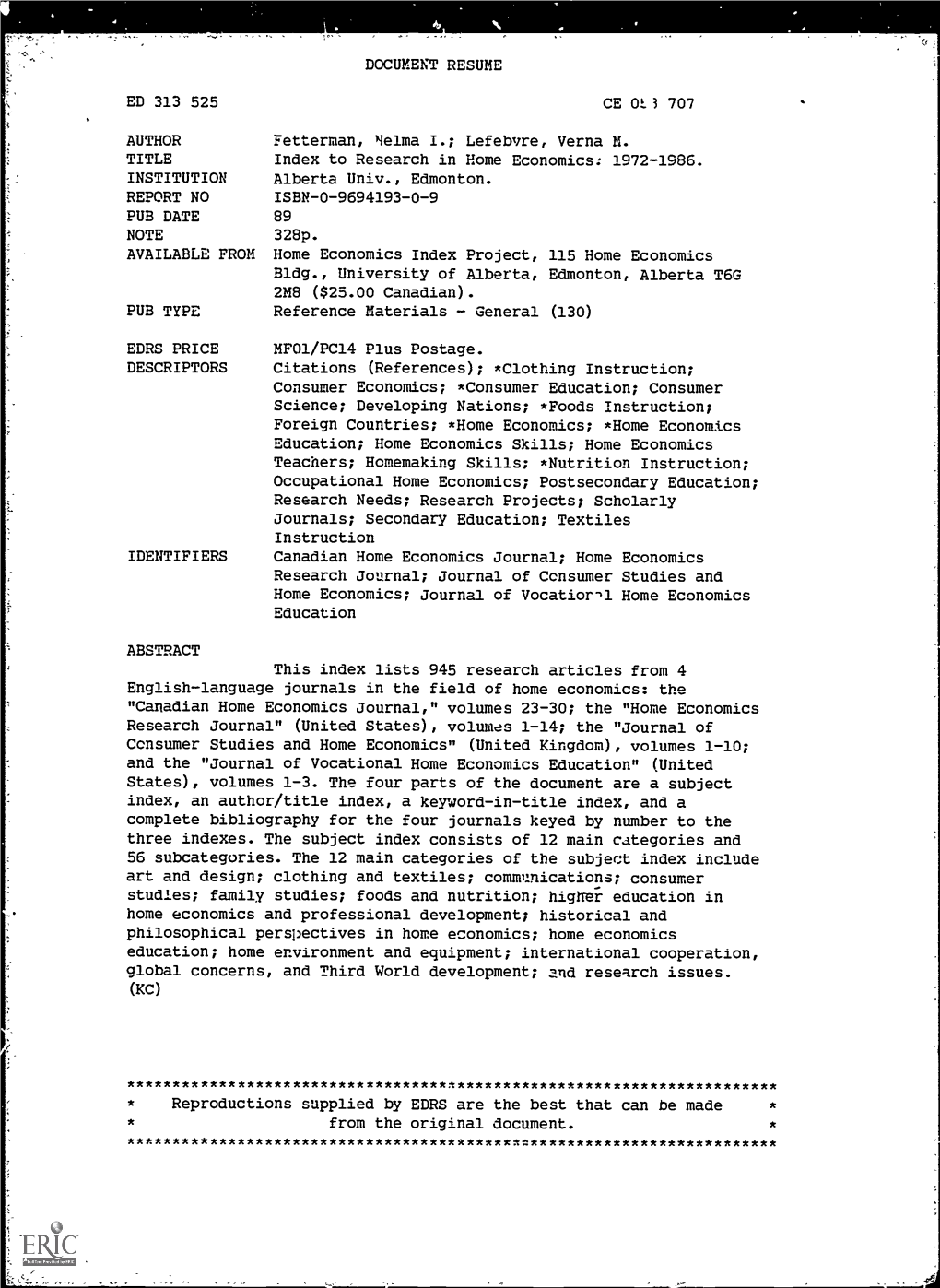 Index to Research in Home Economics: 1972-1986. INSTITUTION Alberta Univ., Edmonton