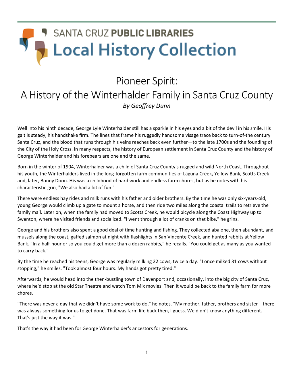A History of the Winterhalder Family in Santa Cruz County by Geoffrey Dunn