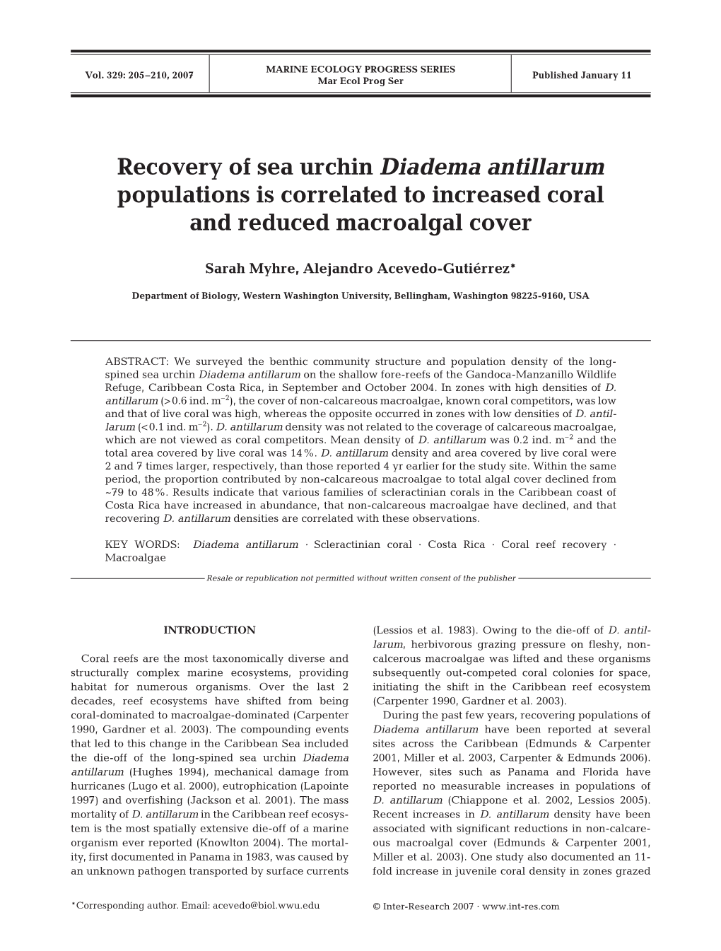 Recovery of Sea Urchin Diadema Antillarum Populations Is Correlated to Increased Coral and Reduced Macroalgal Cover
