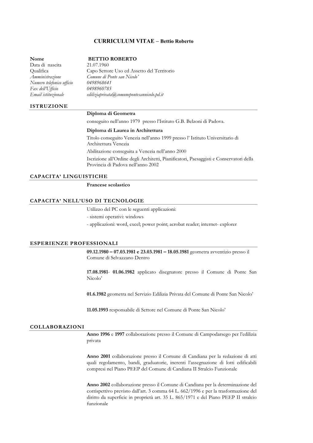 CURRICULUM VITAE – Bettio Roberto