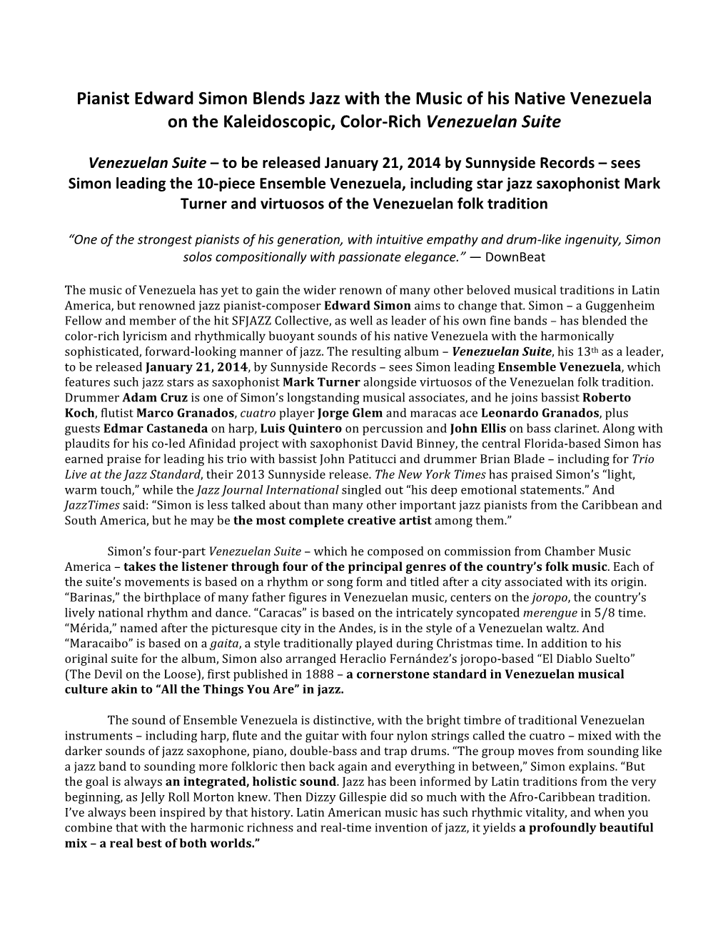 Pianist Edward Simon Blends Jazz with the Music of His Native Venezuela on the Kaleidoscopic, Color-Rich Venezuelan Suite