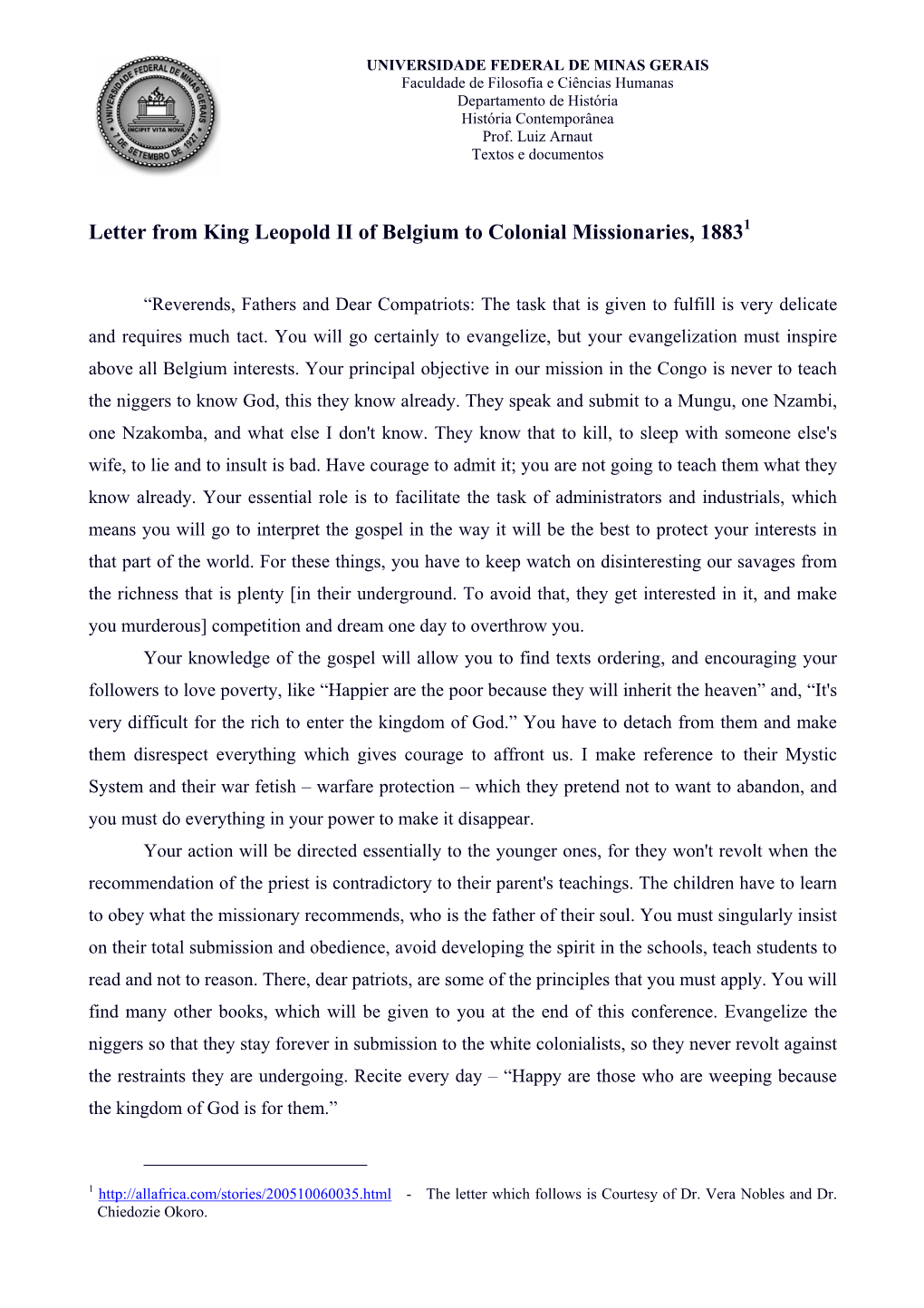 Letter Leopold II to Colonial Missionaries