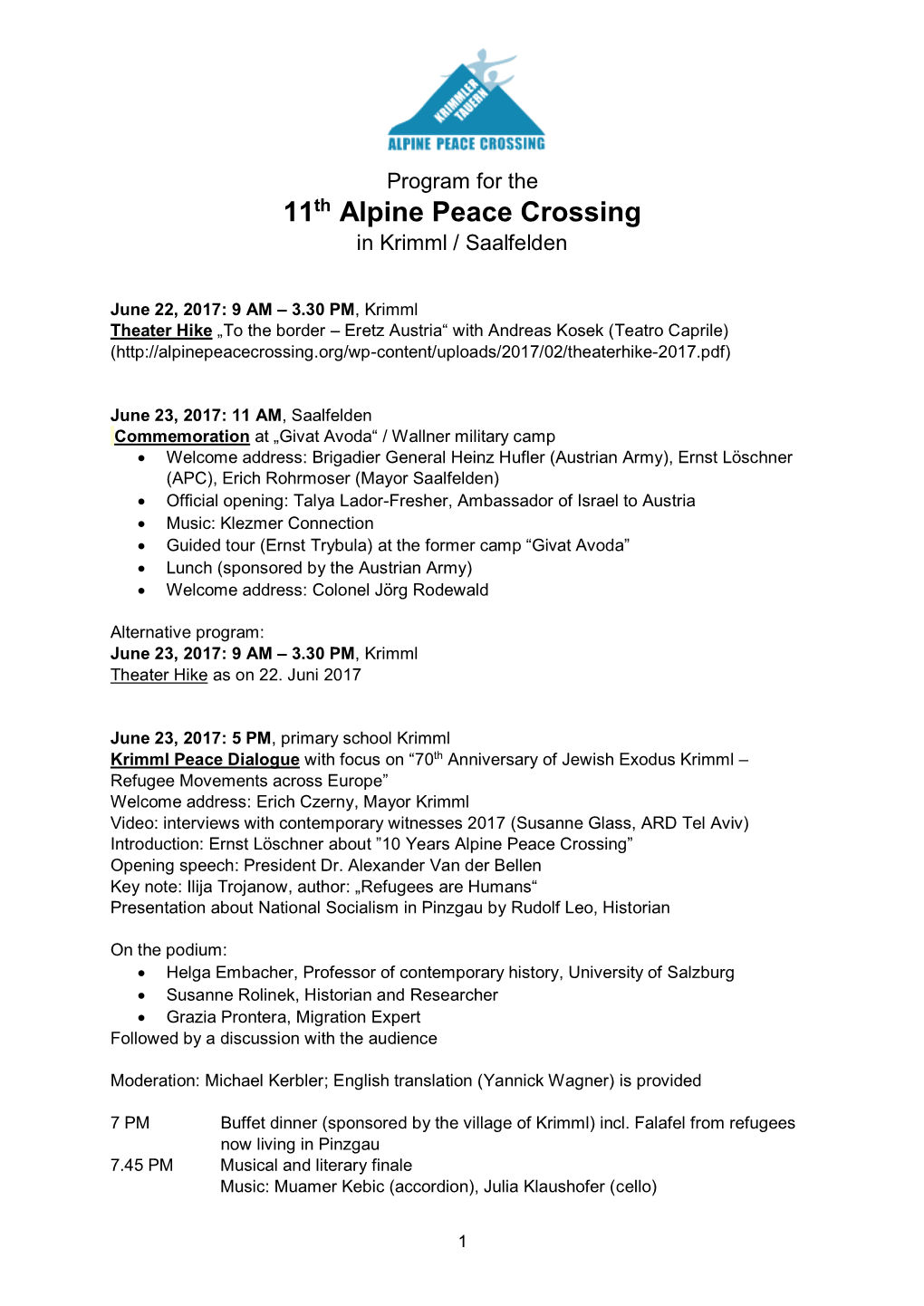 Program for the 11Th Alpine Peace Crossing in Krimml / Saalfelden