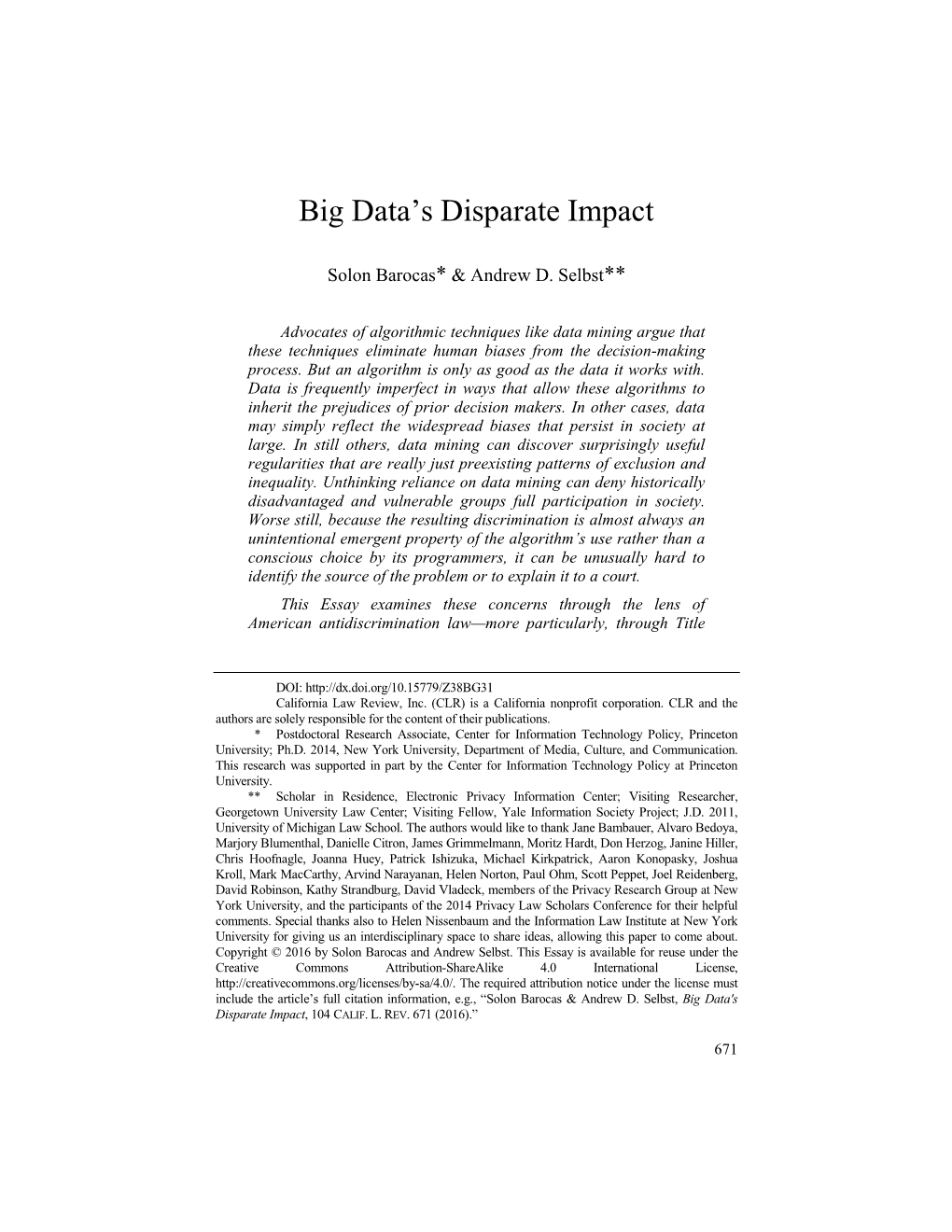 Big Data's Disparate Impact, 104 CALIF