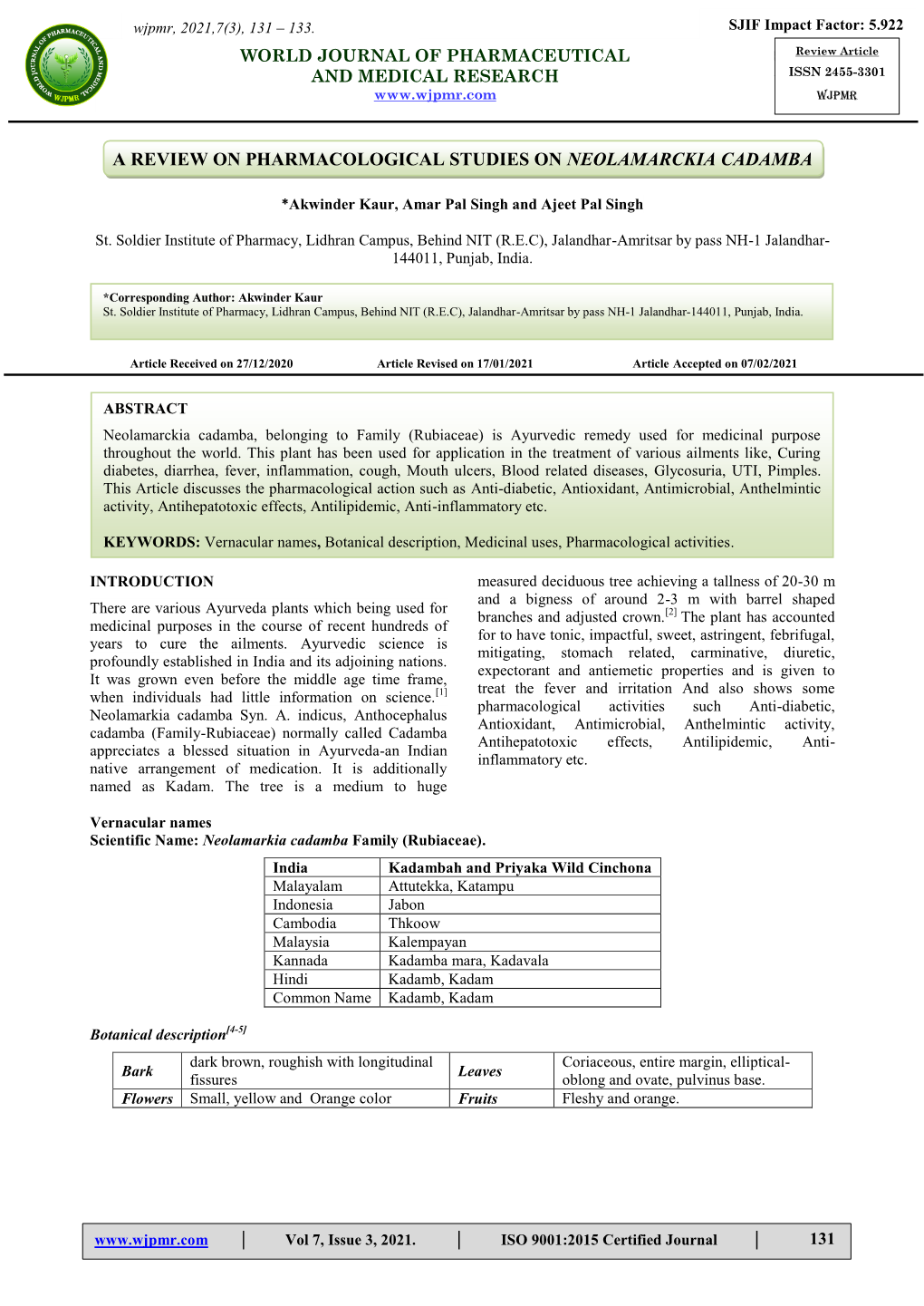 A Review on Pharmacological Studies on Neolamarckia Cadamba