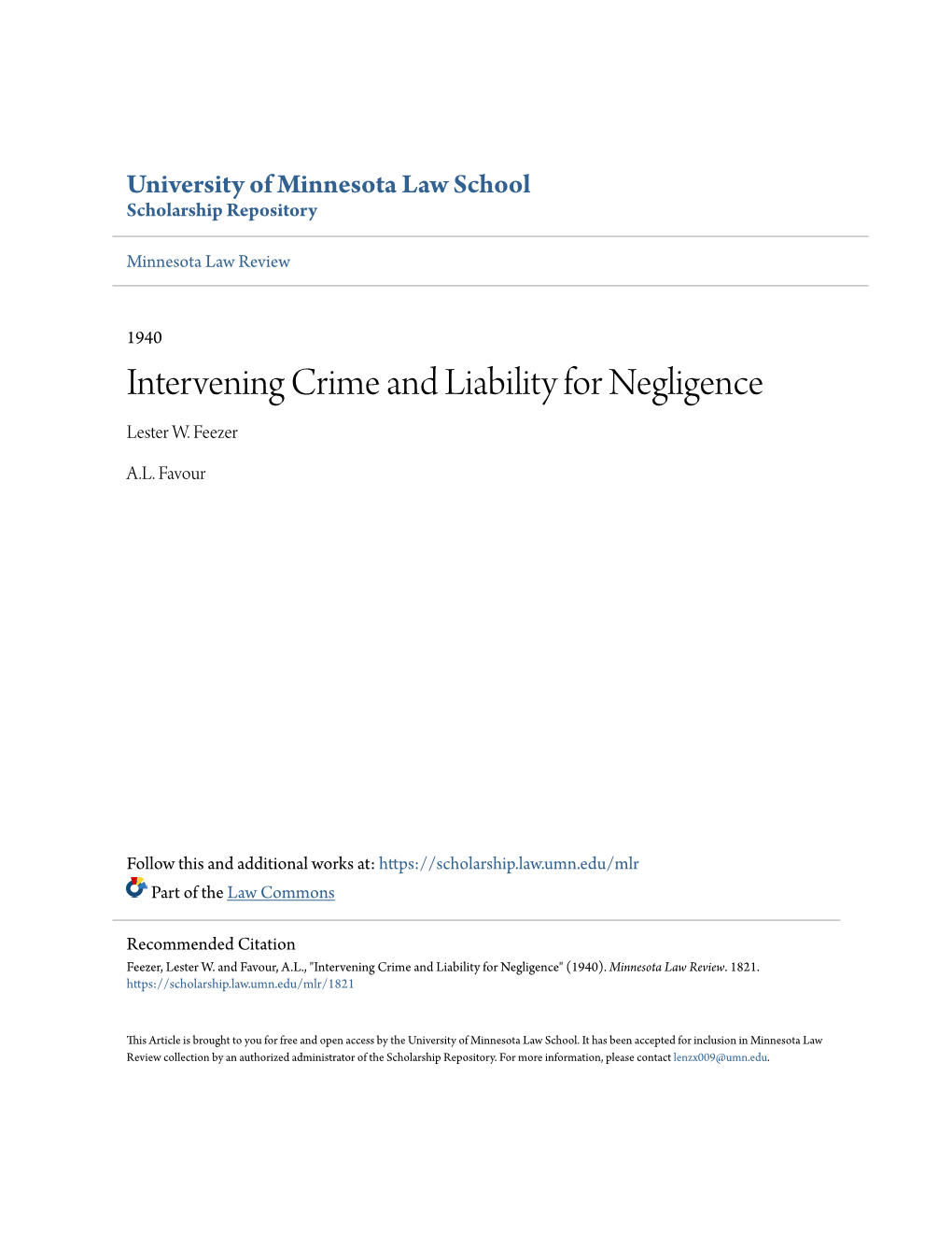 Intervening Crime and Liability for Negligence Lester W