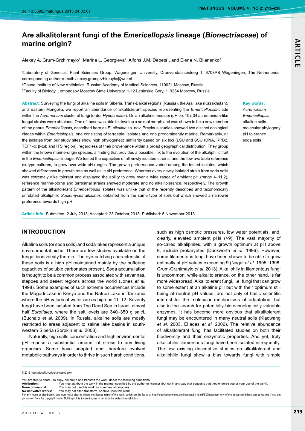 AR TICLE Are Alkalitolerant Fungi of the Emericellopsis Lineage