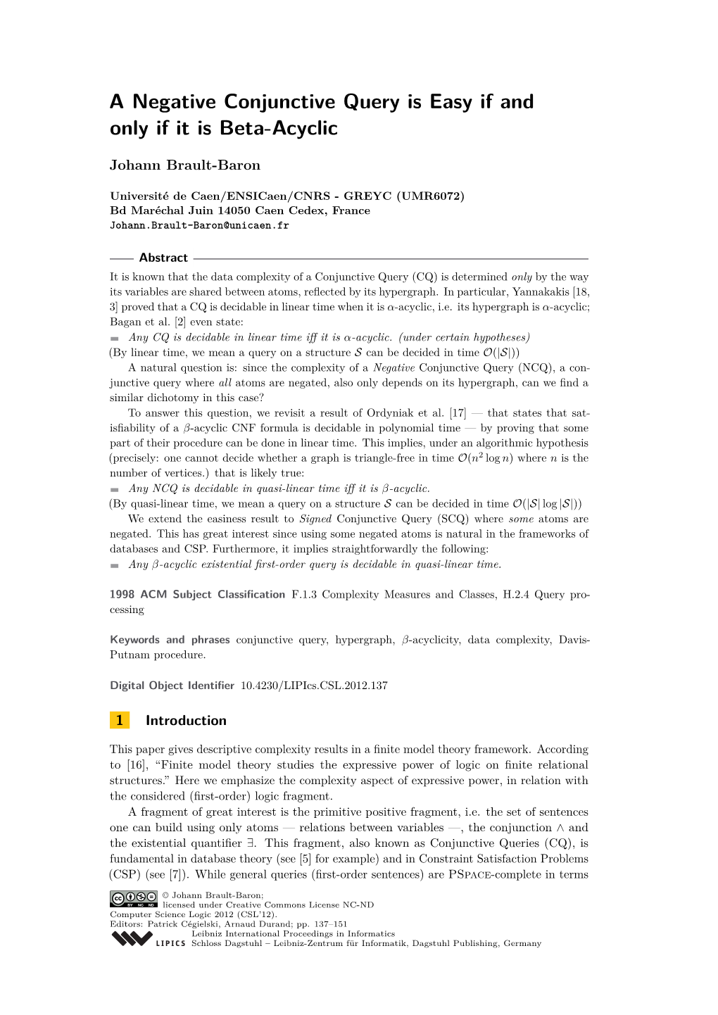 A Negative Conjunctive Query Is Easy If and Only If It Is Beta-Acyclic