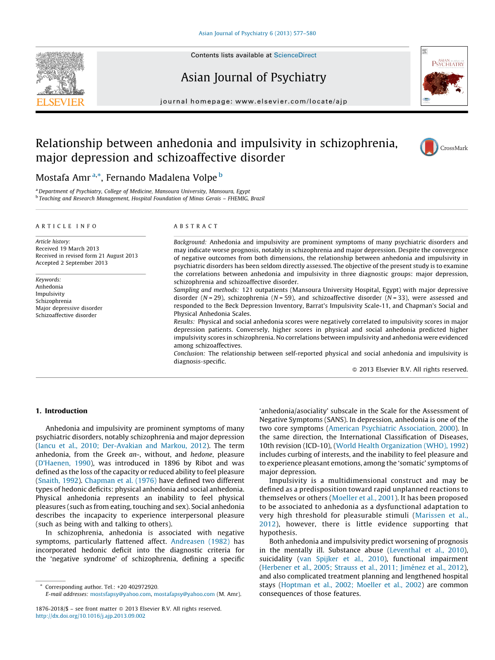 Relationship Between Anhedonia and Impulsivity in Schizophrenia, Major