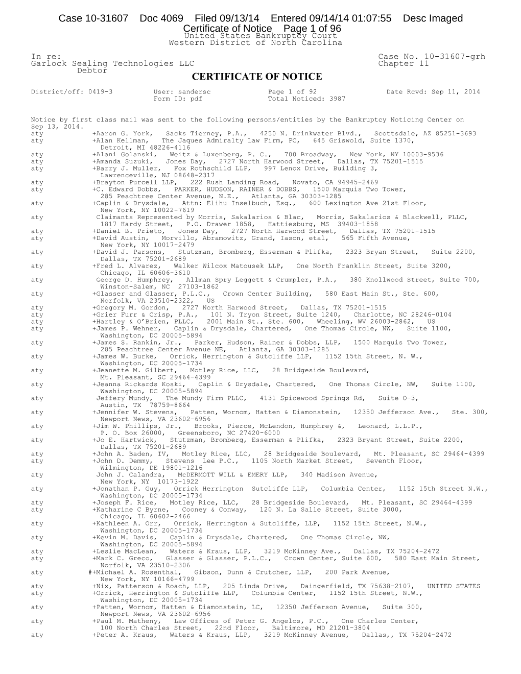 CERTIFICATE of NOTICE Case 10-31607 Doc 4069 Filed 09/13/14