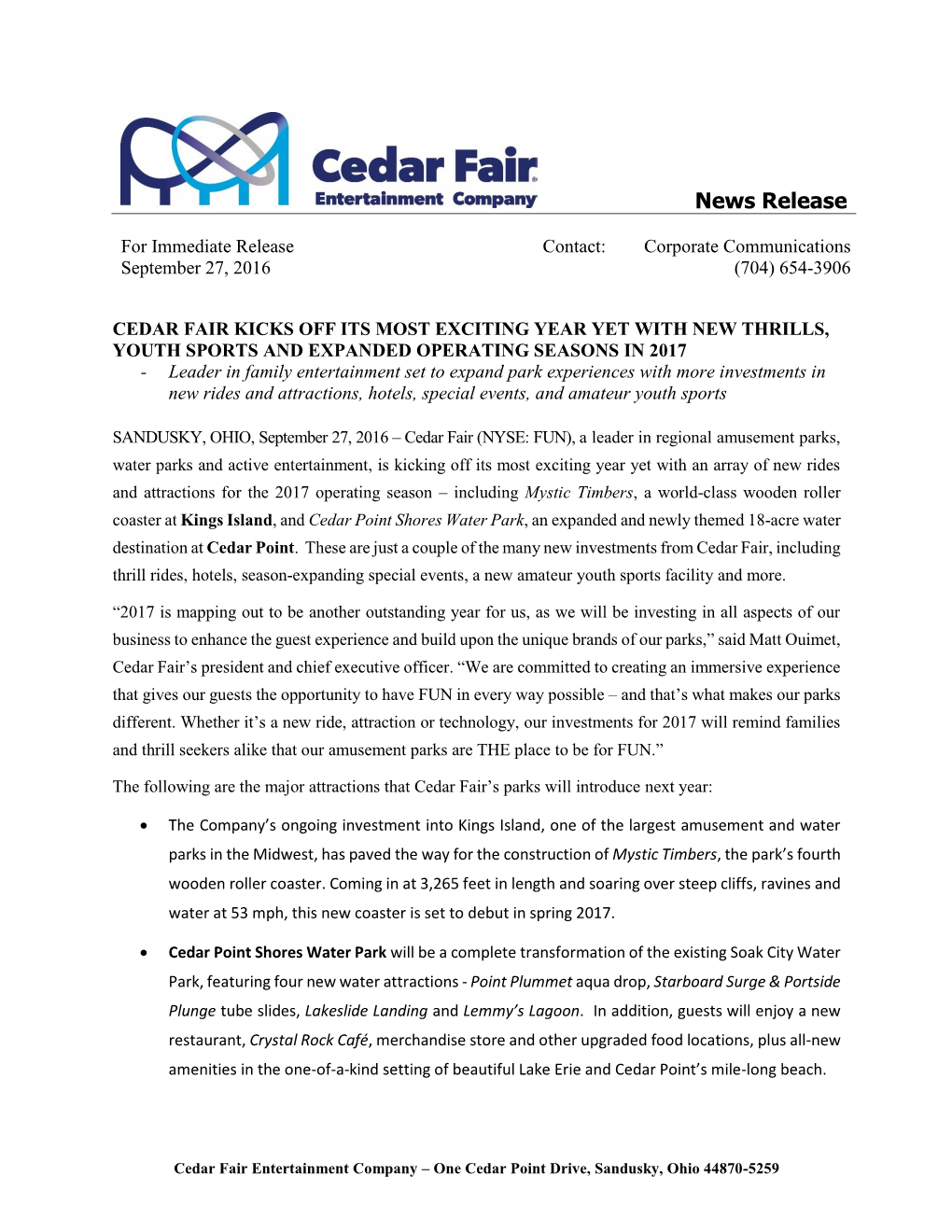 CEDAR FAIR, L.P. DECLARES First QUARTER CASH DISTRIBUTION