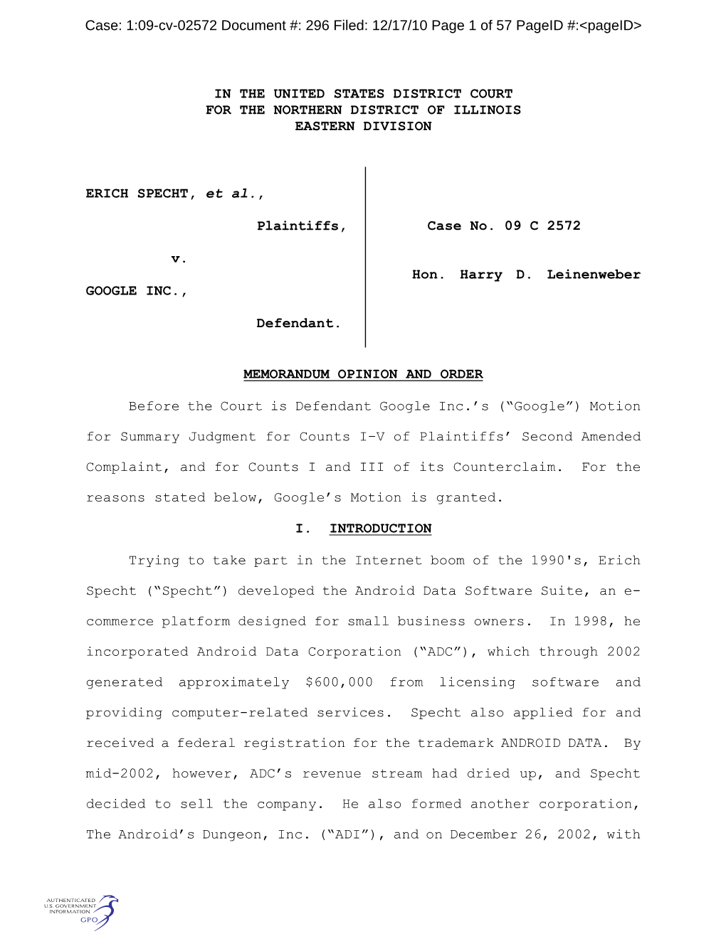 In the United States District Court for the Northern District of Illinois Eastern Division