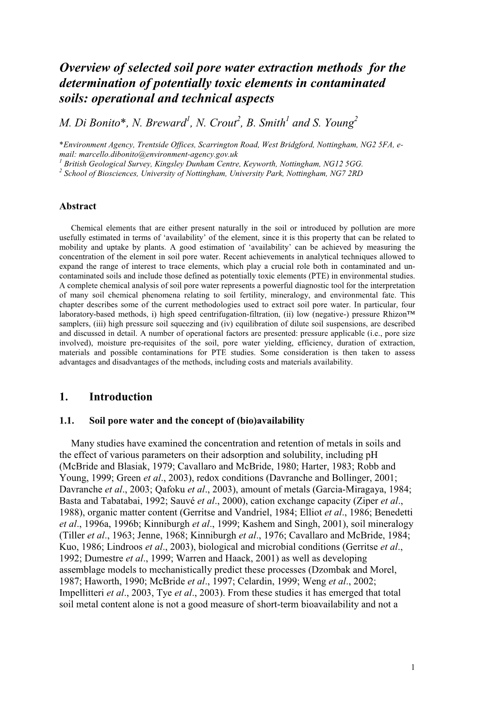 Soil Pore Water Extraction Methods for the Determination of Potentially Toxic Elements in Contaminated Soils: Operational and Technical Aspects