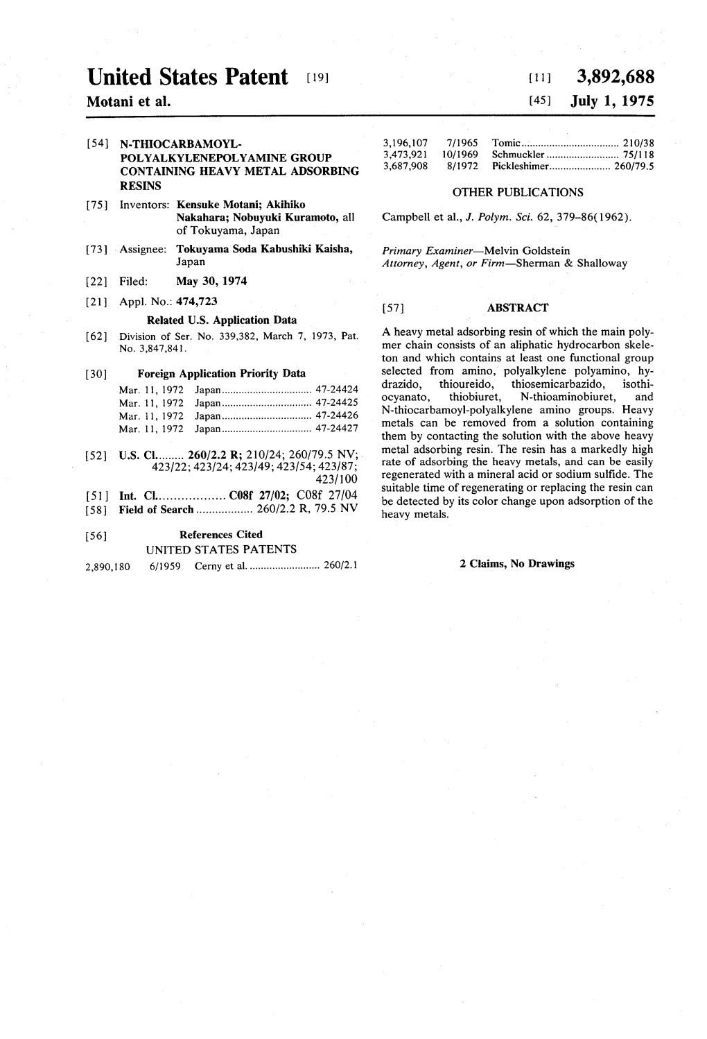 United States Patent (19) (11 3,892,688 Motani Et Al